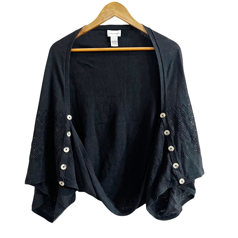 Soft Surroundings Black Linen Cotton Pointelle Button Sleeve Cardigan S/M